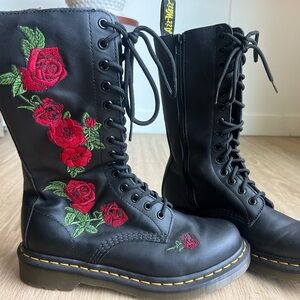 Dr. Martens Vonda Zip Up Black Boots with Red Floral Embroidery